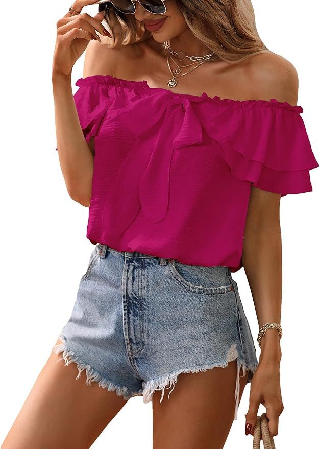 SweatyRocks Women's Off Shoulder Ruffle Trim Knot Front Blouse Tiered Layer Butterfly Short Sleev... | Amazon (US)