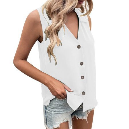 skfvkab Womens Casual Solid Color Sleeveless V Neck Button Down Vest Top (White M) | Walmart (US)