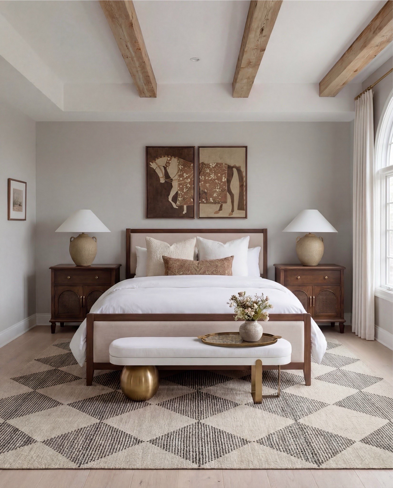 Shop The Look
Wood upholstered bed
Brass metal upholstered bench
Black and white checkered rug
Dark and cane wood nightstands 
Oval brass decor tray
Round beige brown ceramic table lamp
Vintage brown and beige animal wall art
White curtains 




#LTKSaleAlert #LTKHome