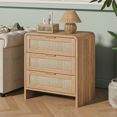 Set of 2 Rattan Nightstands with 3 Drawers, 22.8" Curved Brown Bedside Tables, Mid-Century Modern Bedroom Storage Cabinet-Panipeachy | Target