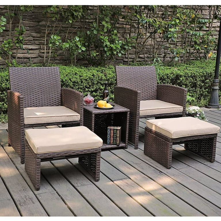 5-Piece Patio Conversation Set Balcony Furniture Set with Beige Cushions, Brown Wicker Chair with... | Walmart (US)
