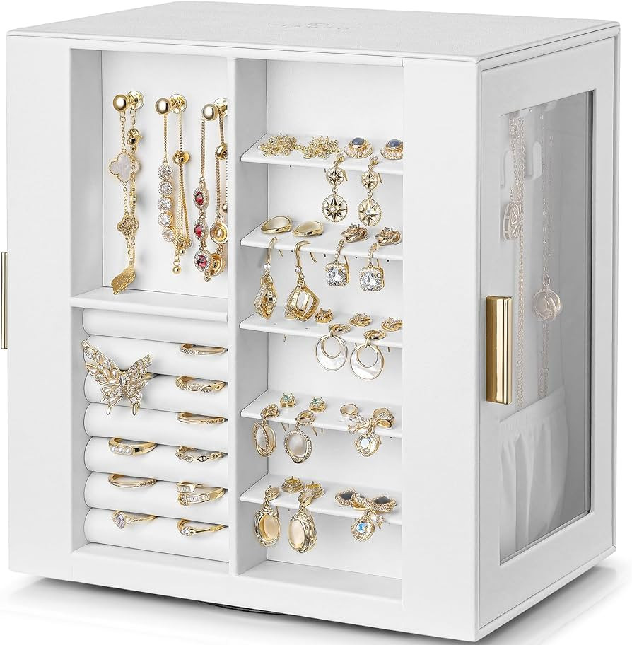 Vlando 360° Rotating Jewelry Box with 5 Drawers, Large Jewelry Storage with 2 Glass Window, PU L... | Amazon (US)