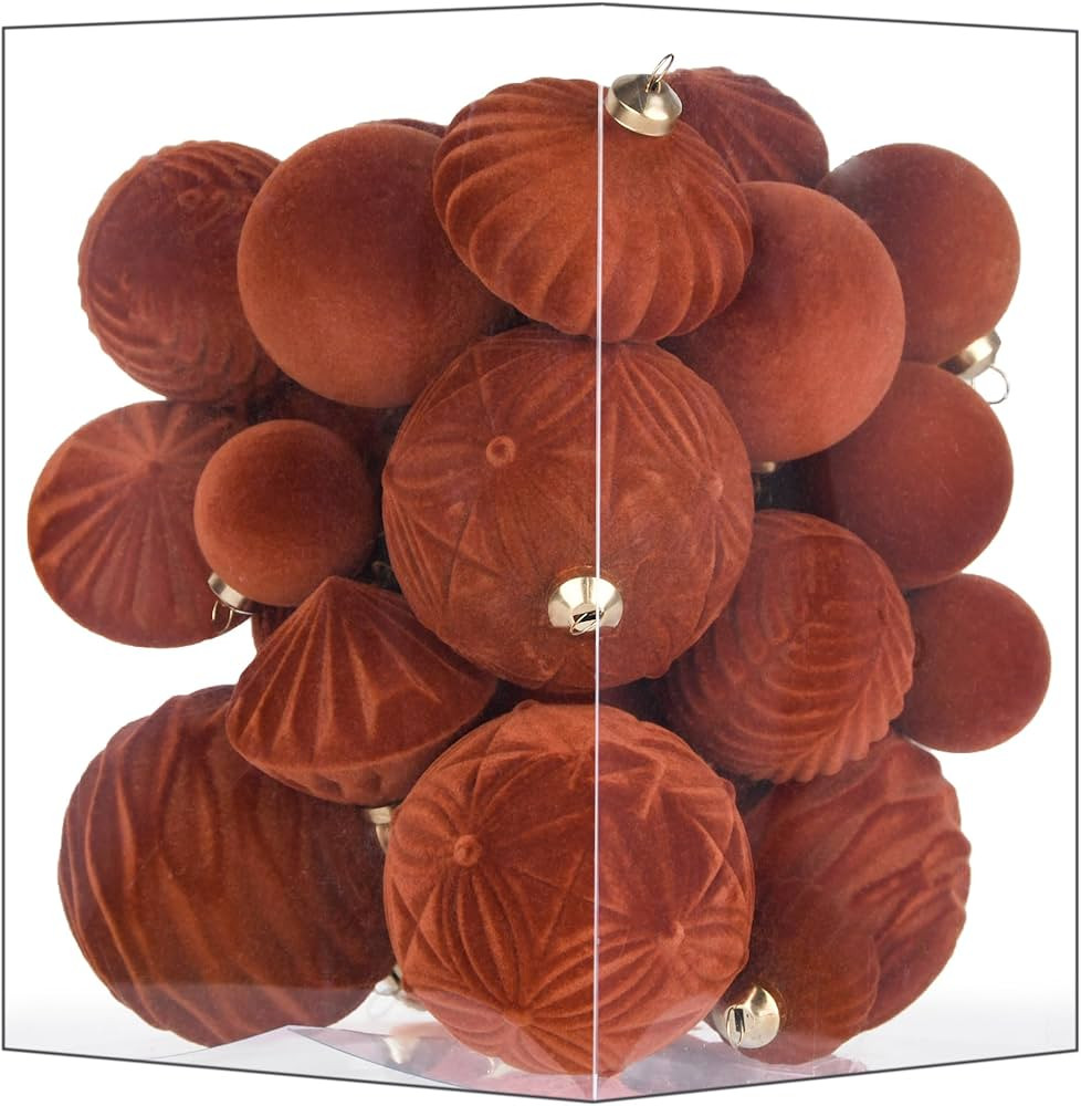 Flocked Ornaments for Christmas Tree Decorations - 35pcs Light Brown Tan Velvet Ball Ornament for... | Amazon (US)
