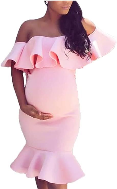 Ruffle Off-The-Shoulder Maternity Dress for Baby Shower, Short Sleeve Mermaid Bodycon Midi Formal... | Amazon (US)