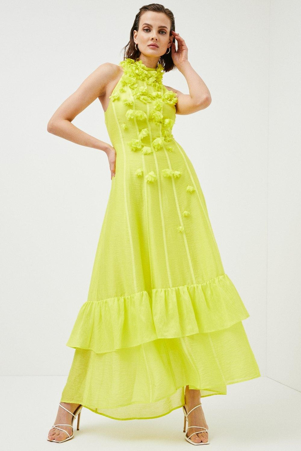 Applique Beaded Halter Woven Maxi Dress | Karen Millen US