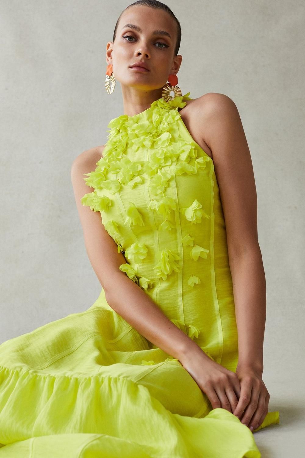 Applique Beaded Halter Woven Maxi Dress | Karen Millen US