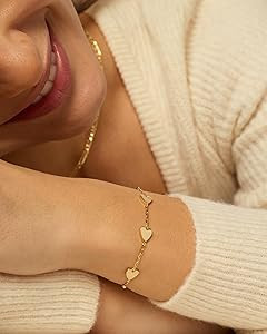 PAVOI 14K Gold Plated Matching Heart Charms Solitaire Bracelet Set for Women | Adjustable Love Fr... | Amazon (US)