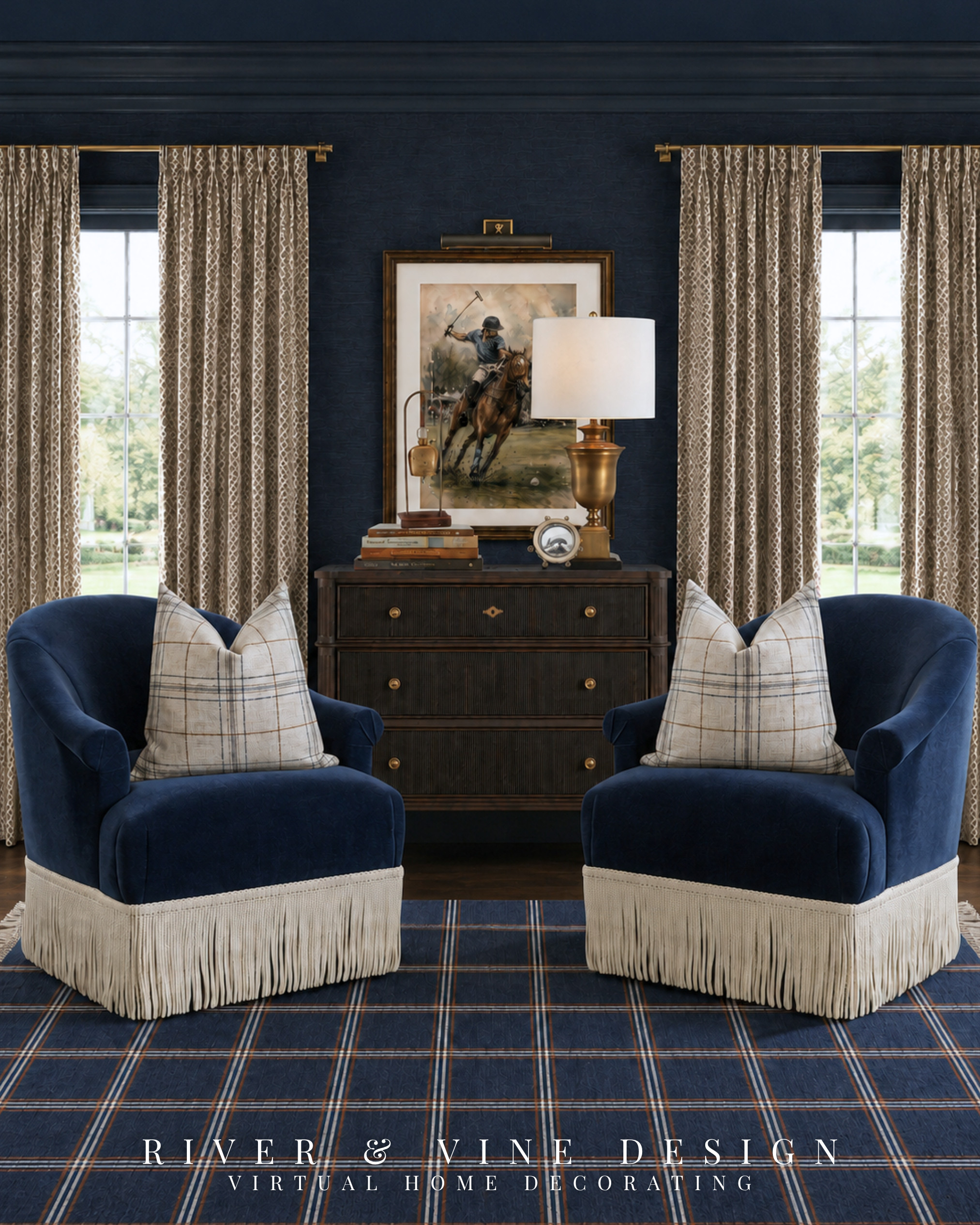 That unused bedroom wall could become the part of the room that makes everything feel finished.

A pair of substantial chairs creates a true sitting area, while the dresser gives the arrangement a visual anchor and adds useful storage. The styling rule to borrow: when the curtains and rug already carry pattern, keep the largest upholstered pieces solid and repeat those patterns in smaller accents. Here, the plaid pillows connect the chairs to the rug without making the room feel busy.

The fringe adds personality, but the classic silhouettes keep the overall look polished and collected. Would you choose these statement chairs with or without the fringe?

bedroom sitting area ideas, navy accent chairs, traditional bedroom furniture, bedroom dresser styling, plaid area rug, collected traditional decor, equestrian bedroom decor, blue velvet chair

I may receive a commission from purchases made through my links.
 

 #LTKHome