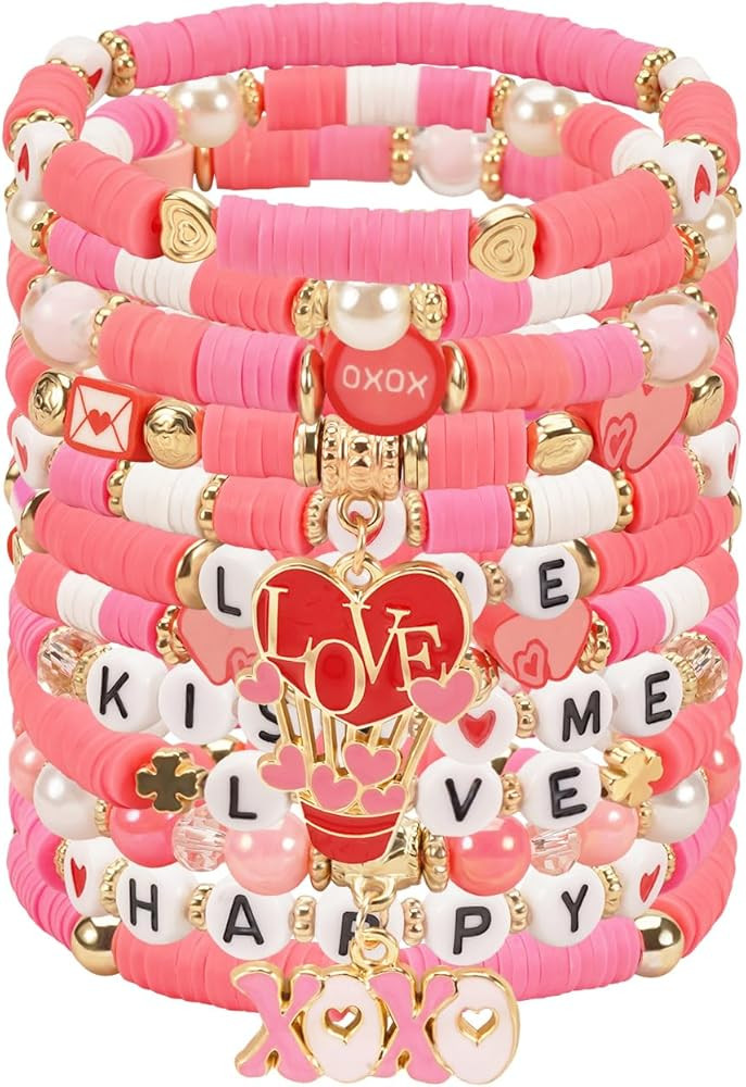 Valentine's Day Bracelet for Women Pink Love Heart Beaded Stretch Bracelets Accessories | Amazon (US)