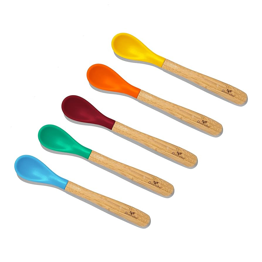 Avanchy Bamboo & Silicone Infant Training Spoons, BPA Free - Soft Tip, Easy on Gums, First Stage Feeding Utensils for Baby-Led Weaning, Self-Feeding, Assorted w/Blue | Amazon (US)