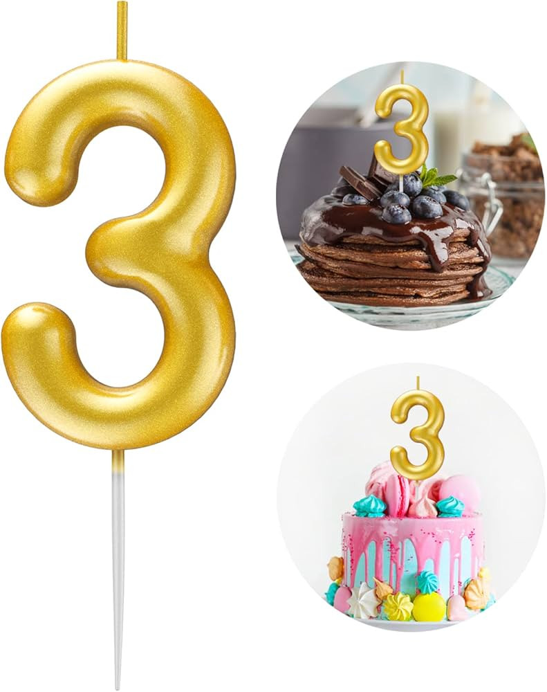 Gold Number 3 Candle Happy Birthday 3D Number Candles for Birthday Cake Party Decoration Wedding ... | Amazon (US)