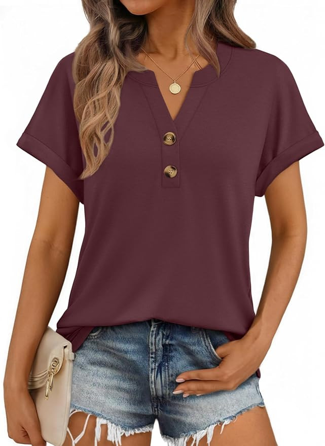 AUTOMET Womens Spring Tops 2026 Short Sleeve Shirts Henley Dressy Casual Blouses V Neck Fashion T... | Amazon (US)