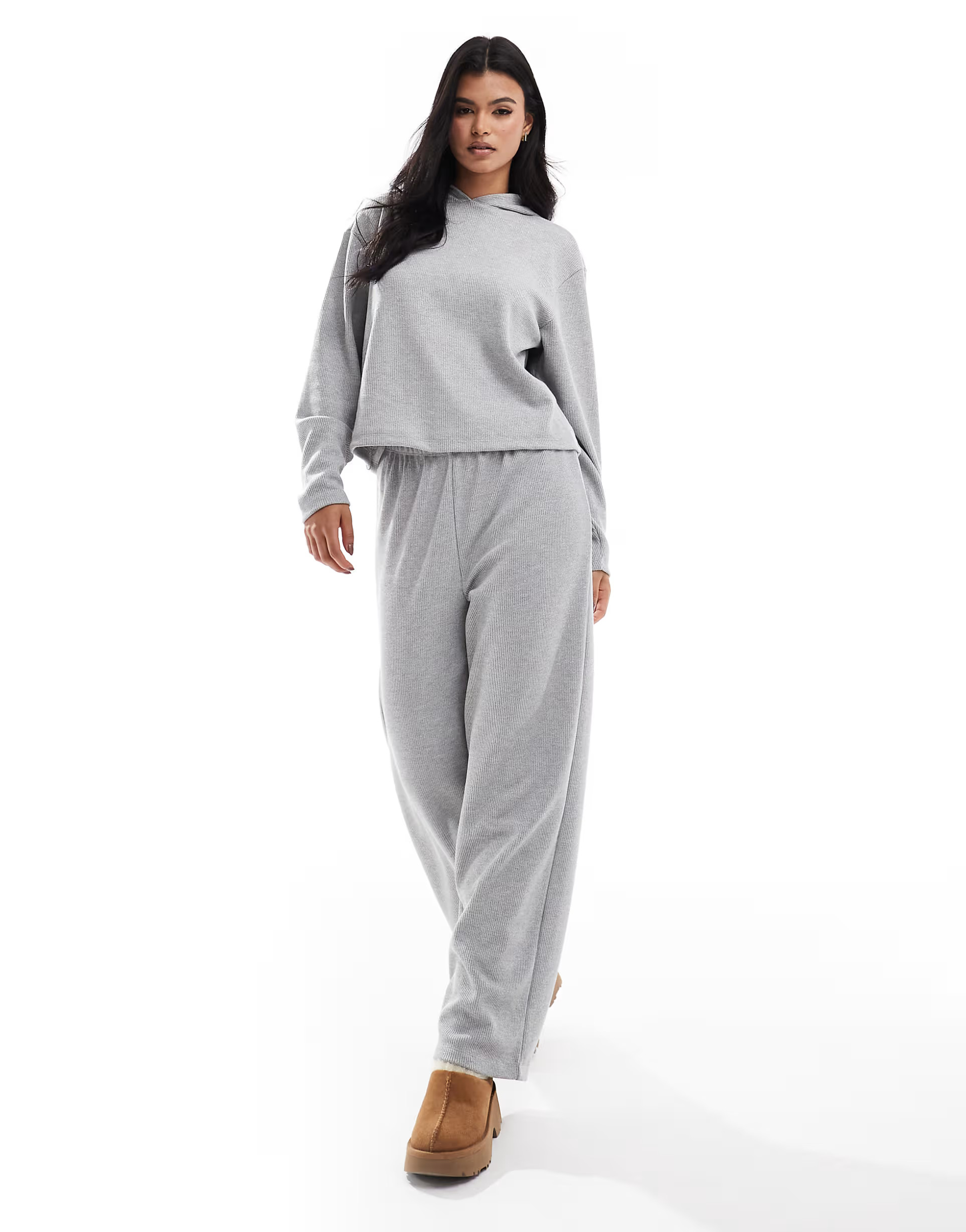 ASOS DESIGN lounge glitter waffle hoodie & wide leg pants set in gray | ASOS (Global)