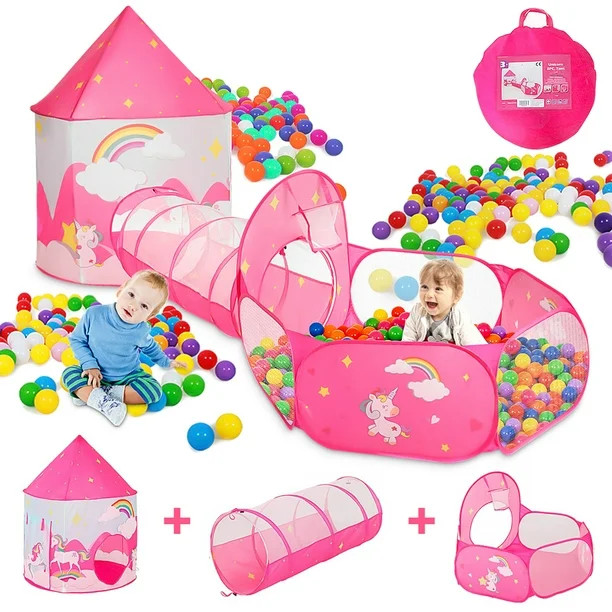 3 in 1 Kids Play Tent with Crawl Tunnel Foldable Indoor Outdoor Ball Pit with Basketball Hoop, Po... | Walmart (US)
