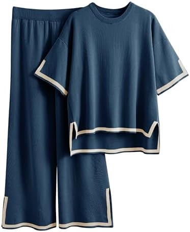 Tanming Sweater Sets Women 2 Piece Lounge Sets Short Sleeve Knit Pullover Tops Wide Leg Pants | Amazon (US)