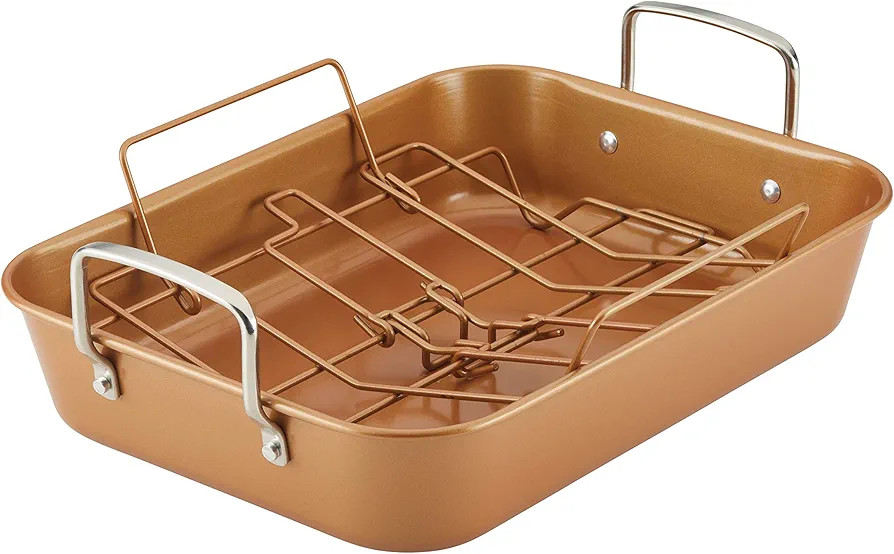 Ayesha Curry Nonstick Roaster / Roasting Pan with Rack - 11 Inch x 15 Inch, Brown | Amazon (US)