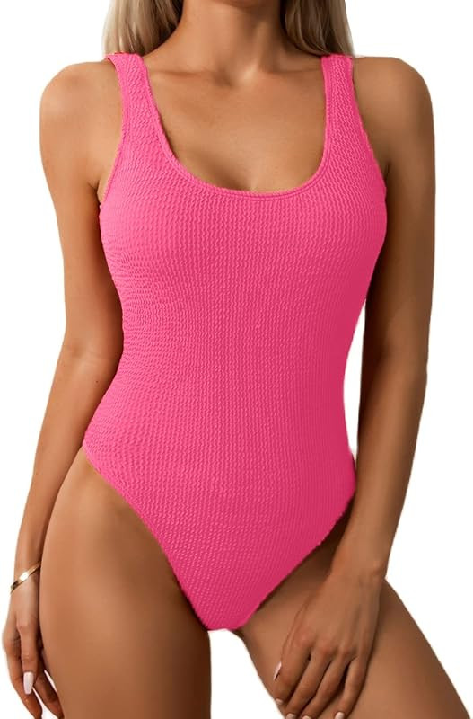 Limeeke Women One Piece Swimsuit Solid Ribbed Monokini Swimwear Scoop Neck Low Back Bathing Suit | Amazon (US)