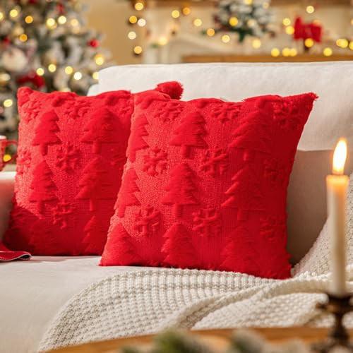 SINYASAN Red Christmas Tree Throw Pillow Covers 18"x18" Set of 2, Winter Snowflake Decorative Pillow Covers Soft Plush Embroidery Cushion Covers Holiday Accent Pillows for Couch Farmhouse Home Decor | Amazon (US)
