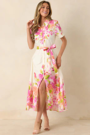 Rosy Outlook Pink Multi Floral Cotton Tie-Belt Midi Dress | Red Dress