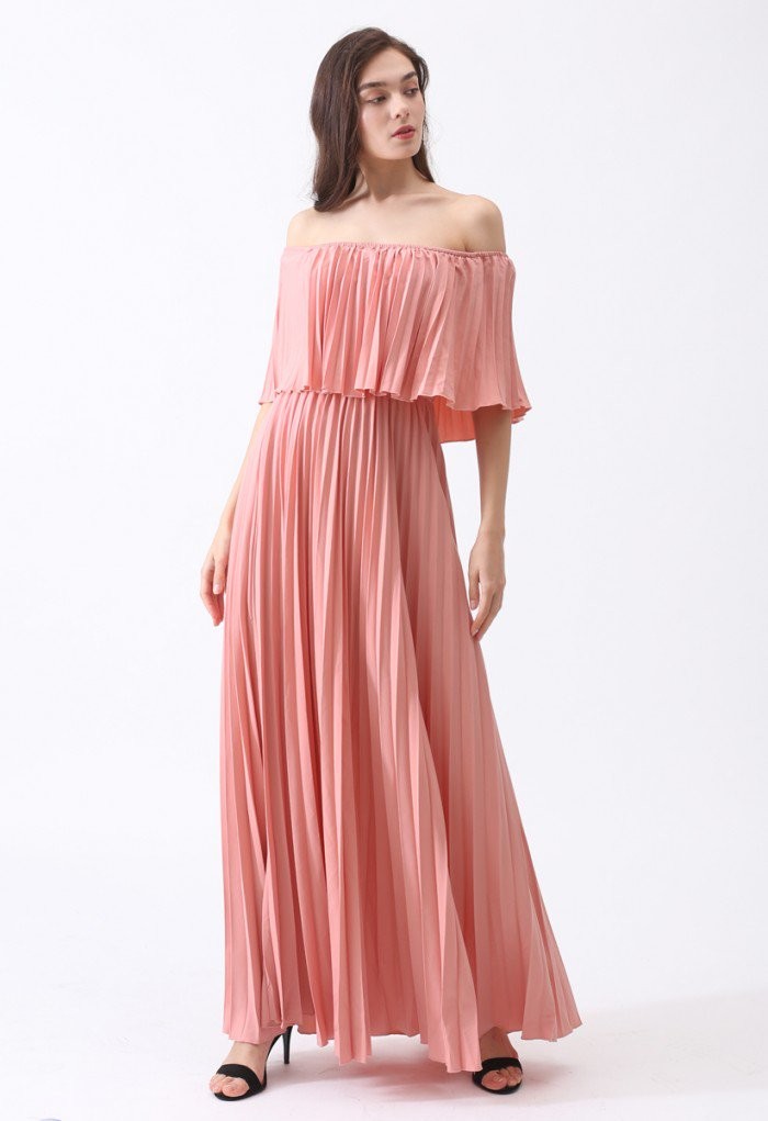 Dancing Till Dawn Off-Shoulder Pleated Maxi Dress in Pink | Chicwish