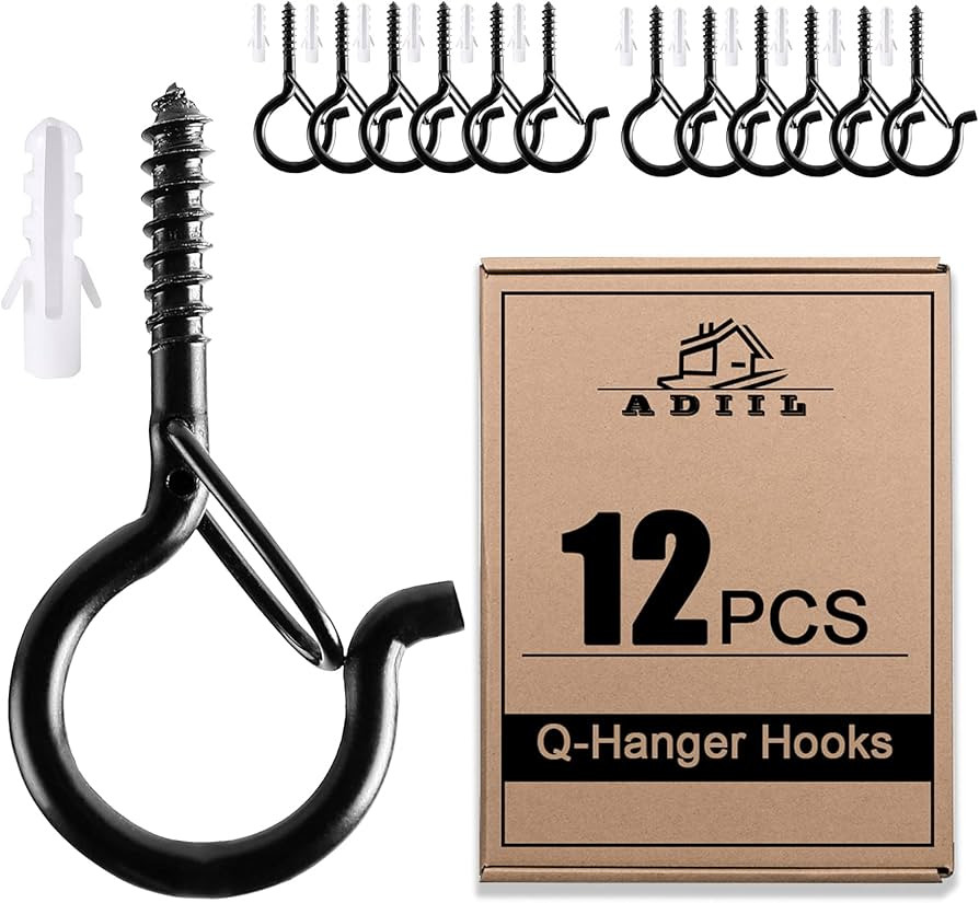 ADIIL 12 PCS Q Hanger Hooks with Safety Buckle, Windproof Screw Hooks for Hanging Outdoor String ... | Amazon (US)