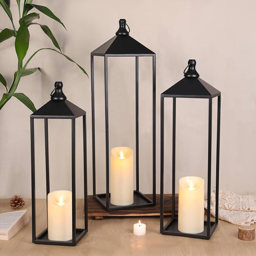 22'' 19'' 17'' Lanterns Decorative Outdoor Indoor, Set of 3 Black Metal Candle Lanterns Halloween... | Amazon (US)