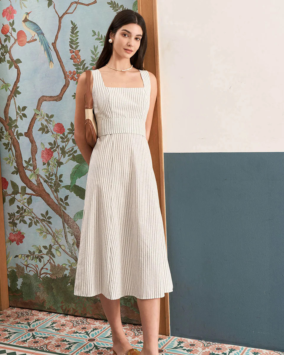 The White Square Neck Striped Midi Dress | rihoas.com