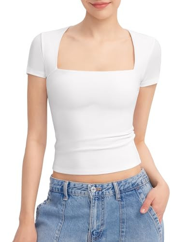 PUMIEY Short Sleeve T Shirts for Women Square Neck Top Sexy Going Out Tops Slim Fit Tee Shirt, Splashed White XX-Large | Amazon (US)