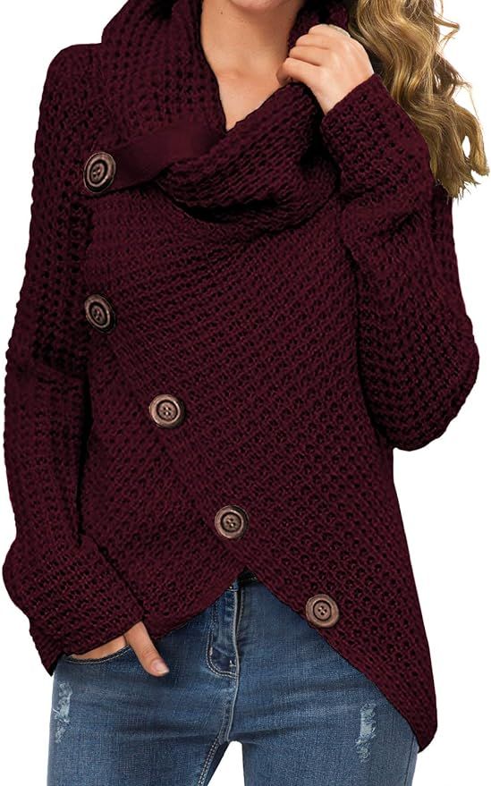 GRECERELLE Women's Solid Color Chunky Button Pullover Sweater Turtle Cowl Neck Asymmetric Hem Kni... | Amazon (US)