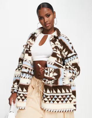 Noisy May oversized fleece jacket in brown pattern print | ASOS (Global)