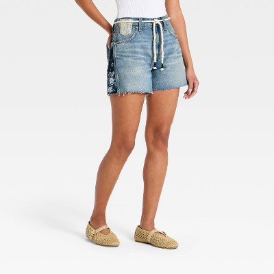 Women's Mid-Rise Patchwork Barrel Shorts - Universal Thread™ Medium Wash 00 | Target
