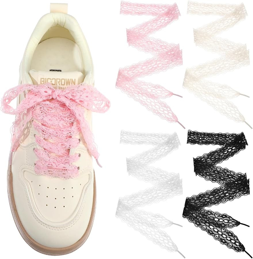 6 Pairs Lace Fancy Shoelaces 3CM Wide Flat Soft Lace Shoe Strings Sneakers Hollow Lacy Ribbon Lac... | Amazon (US)