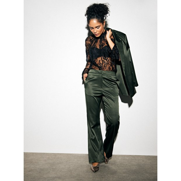 Dark Green Tailored Bootcut Satin Trousers  10R | Tu Clothing