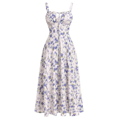 IBTOM CASTLE Corset Dress for Women: Floral Boho Summer Dress Spaghetti Straps Square Neck Casual Midi Dress Flowy Slit Bustier Dresses Wedding Guest Party Going Out Sundress Apricot & Blue Floral S | Amazon (US)
