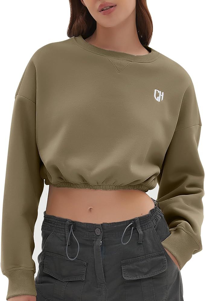 CHYRII Women Oversized Cropped Sweatshirt Fleece Crewneck Pullover Long Sleeve Crop Tops Fall Win... | Amazon (US)