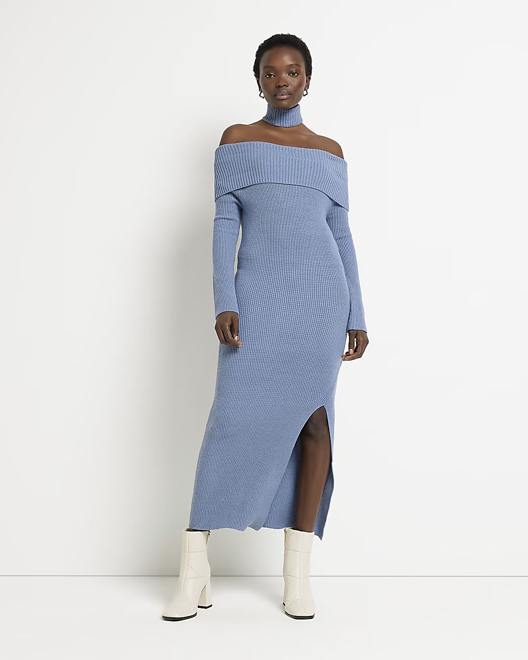 Blue knit bardot bodycon midi dress | River Island (US)