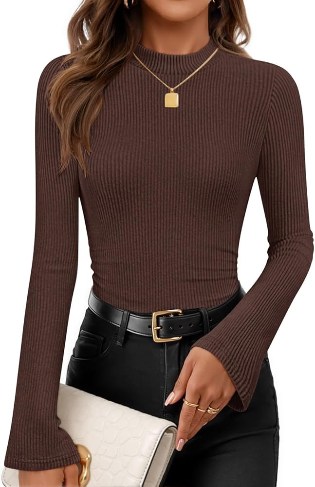 ZESICA Women's Long Sleeve Shirts 2026 Spring Mock Neck Ribbed Slim Fit Tops Basic Tees Dressy Ca... | Amazon (US)