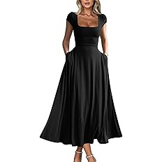 YMDUCH Women's Casual Short Sleeve Square Neck Solid Slim Flowy Maxi Dress with Pockets | Amazon (US)