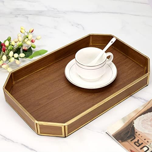 KEZNGUU Farmhouse Tray Decor,14" Wood Brown Leather Coffee Table Tray Rectangle,Large Decorative ... | Amazon (US)