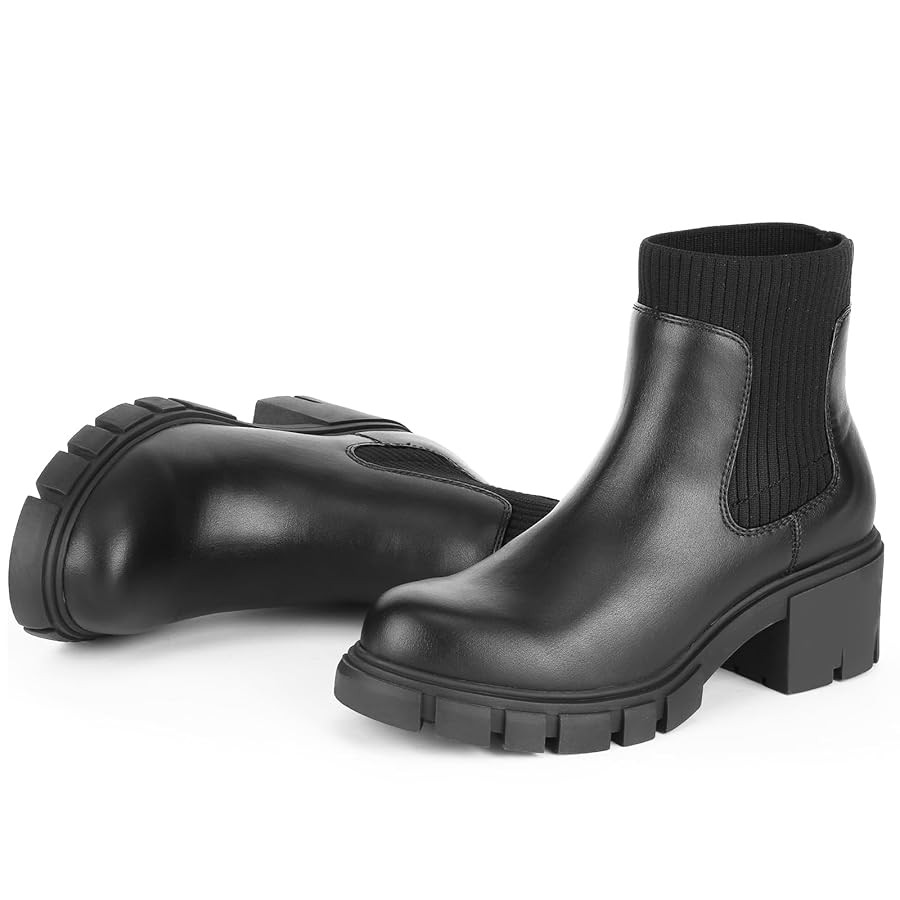 FITORY Womens Chelsea Boots, Elastic Ankle Booties with Chunky Mid Heel and Lug Sole, Comfy Trend... | Amazon (US)