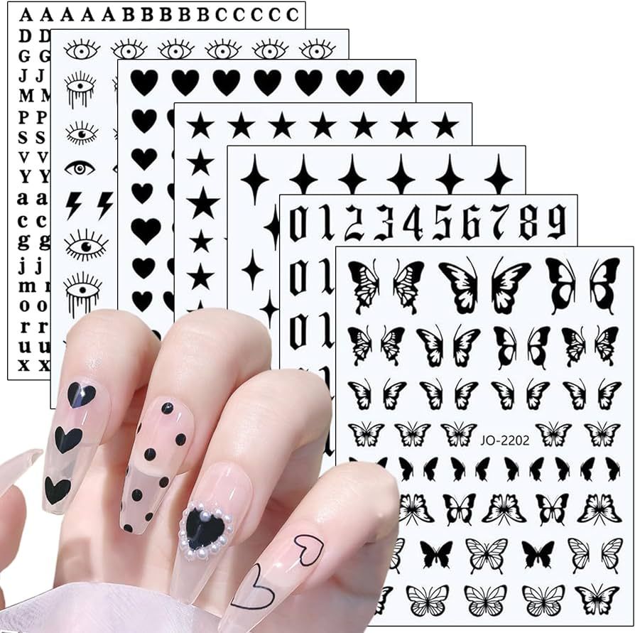 7 Sheets Black Nail Art Stickers, 3D Geometry Nail Transfer Decals, Butterfly Heart Letters Numbe... | Amazon (US)