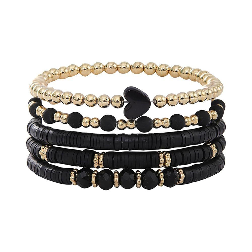 Bohemia Multilayer Heart Clay Stackable Bracelets Set Colorful Surfer Heishi Clay Gold Beaded Str... | Amazon (US)