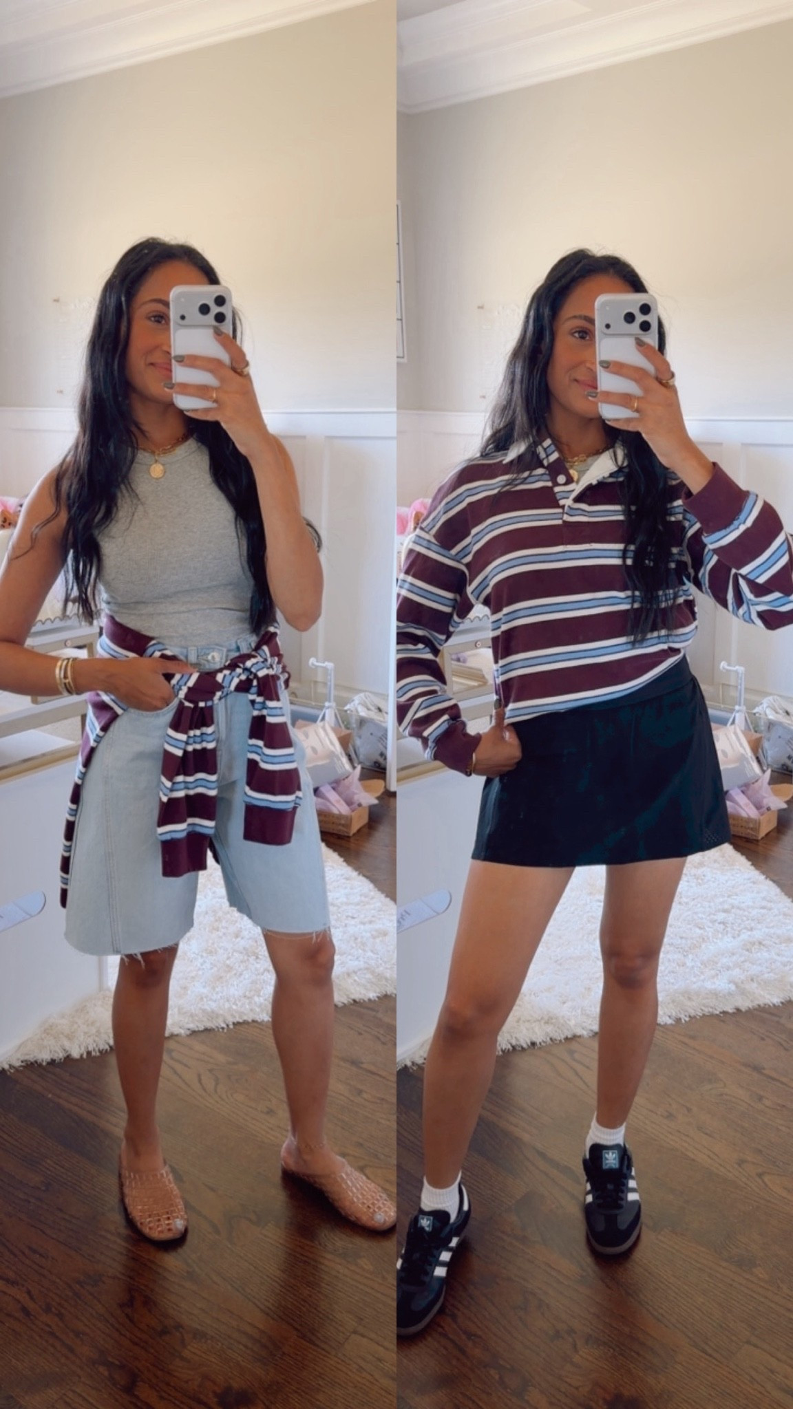 Striped polo outfit
Fall outfit inspo
Jorts 
Activewear skort