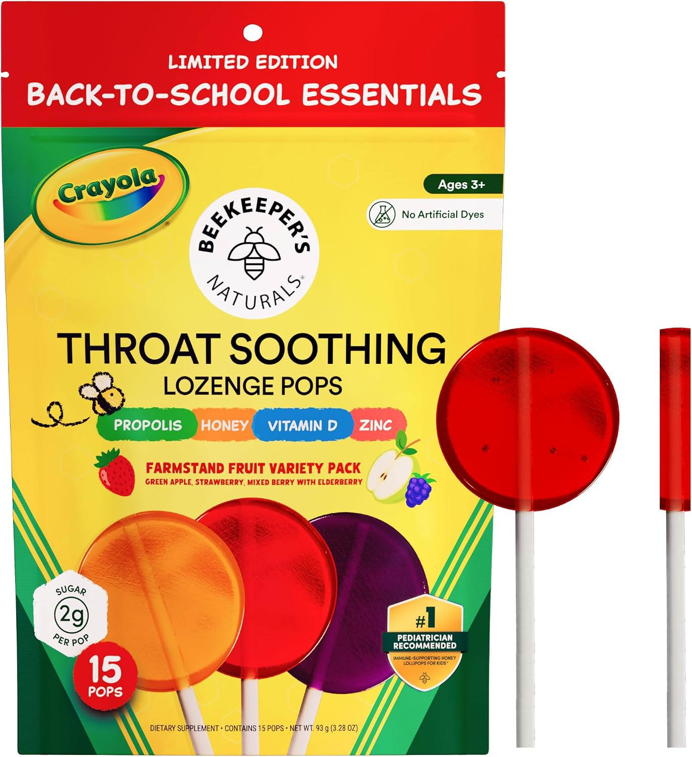 Kids Throat Soothing Lollipops by Beekeeper's Naturals - Doctor Formulated Immune Support, Vitamin D & Honey, Under 2g Sugar, Clean Ingredients,15 ct | Amazon (US)