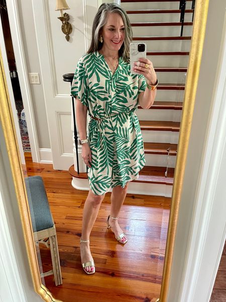 Loving this lightweight tropical leaf pattern dress from H & M! I dressed it up for church with gold sandals and jewelry. The dress is a loose style, but I belted it with a chain belt from Amazon. 
Dress: size small #summerdress #traveldress #beachdress #h&m #shiftdress #greenandwhitedress #goldsandals 

#LTKshoecrush #LTKstyletip #LTKFind
