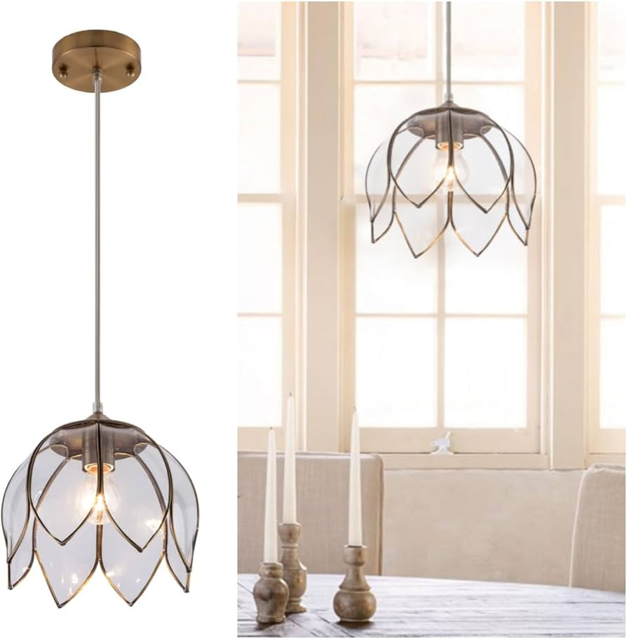 Clear Glass Pendant Lighting, Vintage Oriental Lotus Brass Ceiling Pendant Light Fixture, Modern ... | Amazon (US)