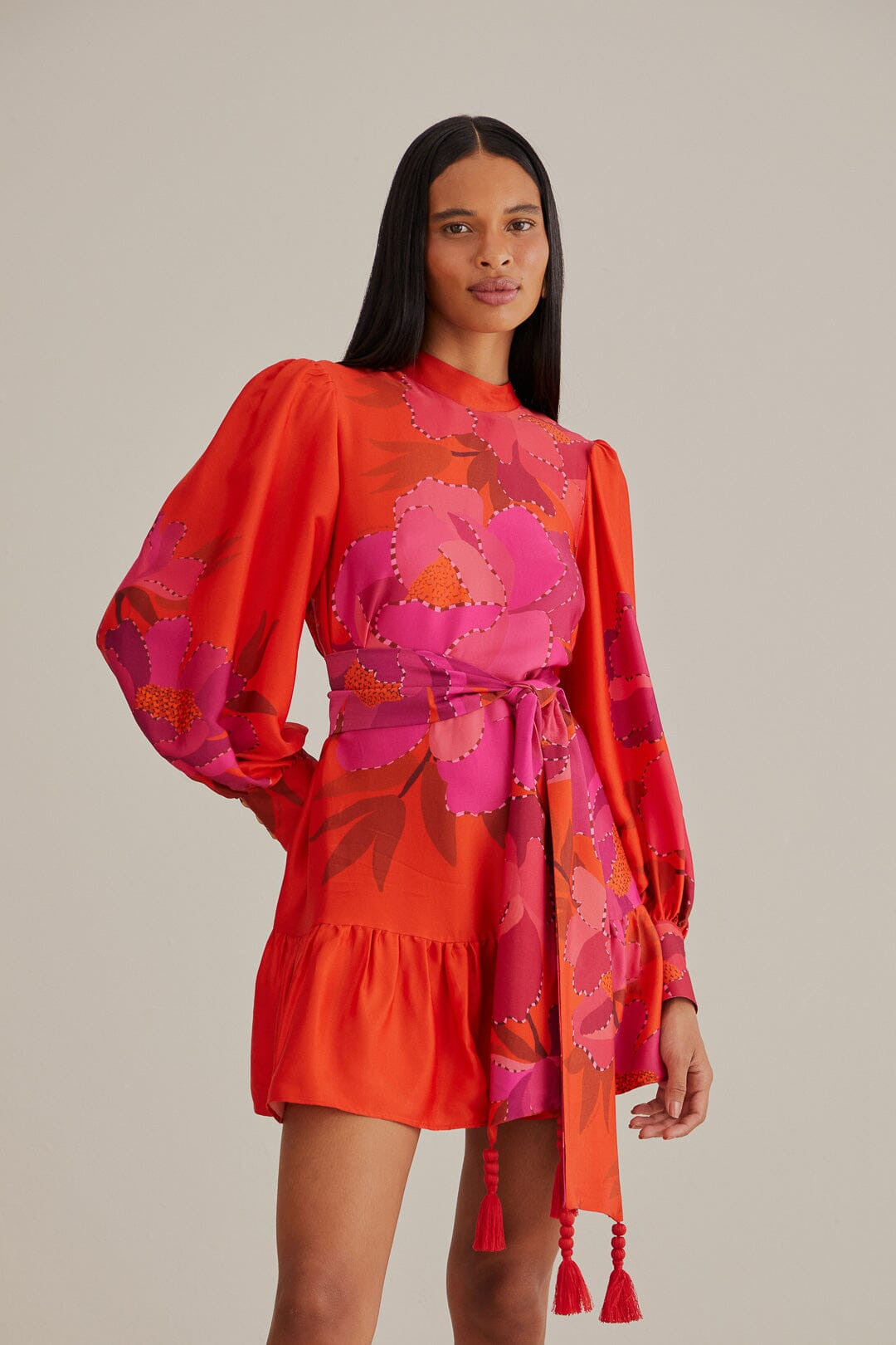 Red Peony Long Sleeve Mini Dress | FarmRio (US)