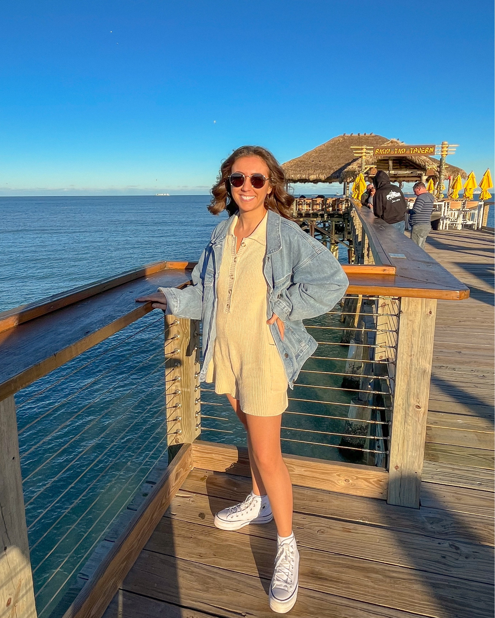 casual outfit; sweater romper, denim jacket, platform converse, sunglasses 

#LTKstyletip