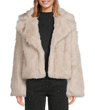 Faux Fur Woven Notch Lapel Collar Long Sleeve Cropped Jacket | Dillard's
