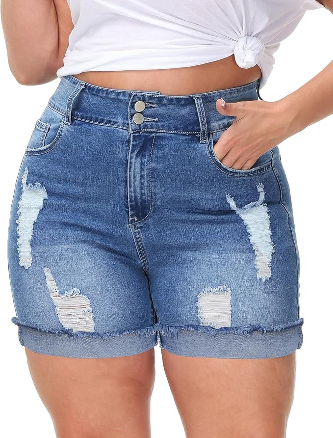 Womens Plus Size Jean Shorts High Waisted Stretchy Ripped Frayed Folded Hem Denim Shorts | Amazon (US)